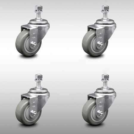 Service Caster 3 Inch SS Gray Polyurethane Wheel Swivel 12mm Threaded Stem Caster Set SCC SCC-SSTS20S314-PPUB-M1215-4